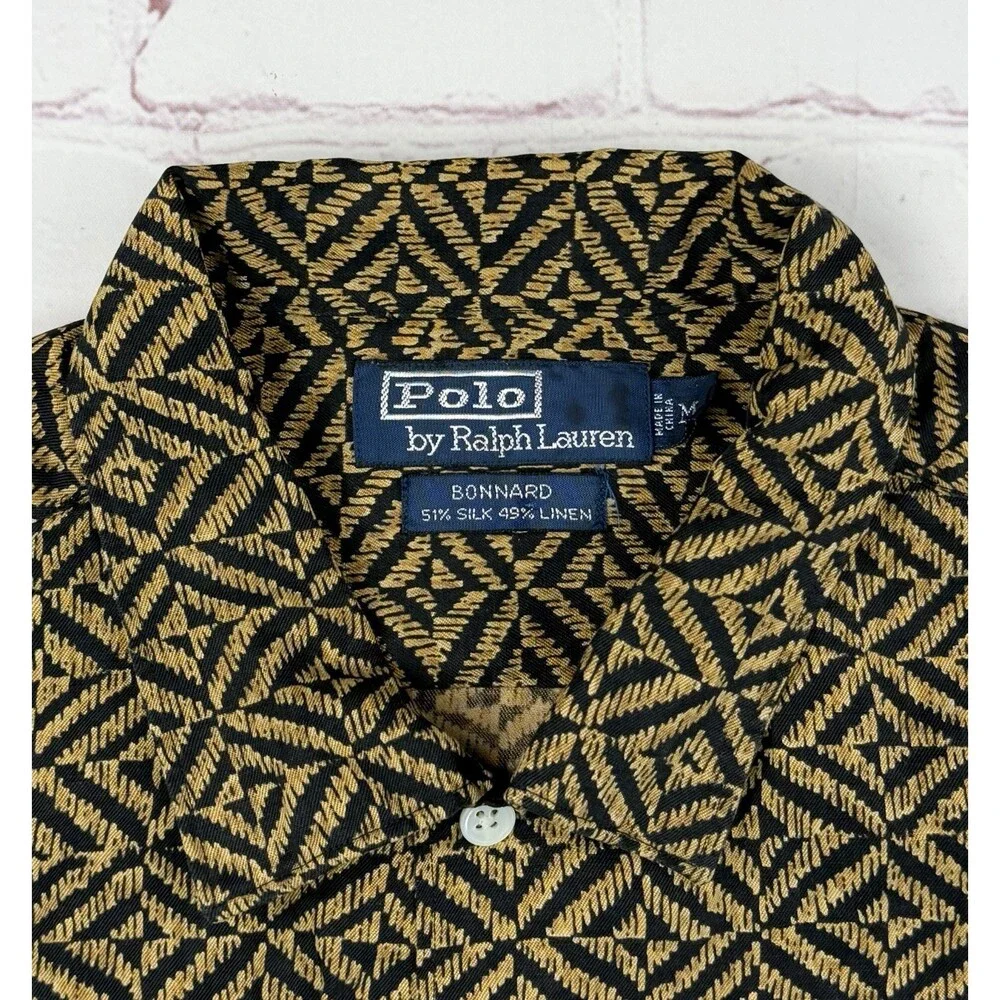 Polo Ralph Lauren Bonnard Shirt Mens MED Gold Silk Linen Geometric Camp Collar